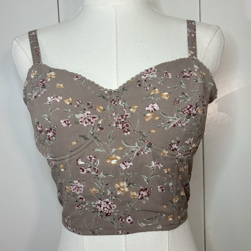 Blush BJ Brown Floral Bustier Underwire Crop Top Cami Women's M Boho Y2K 90s